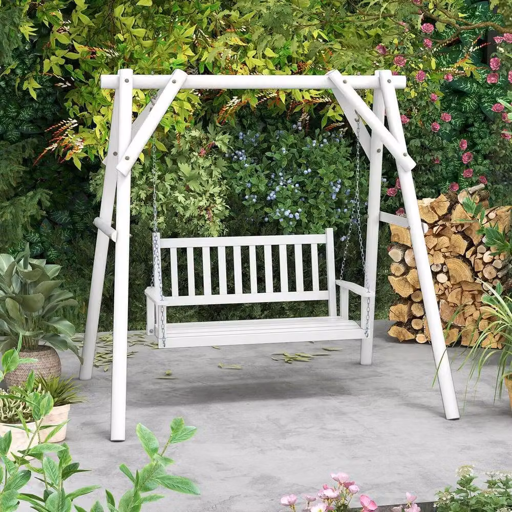 NESTLUNE 3-Person Heavy Duty Wooden Outdoor Porch Swing in White – 2
