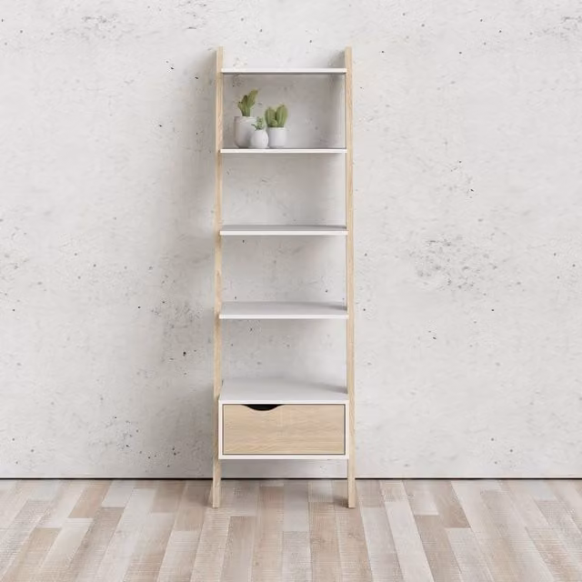 Furniture To Go Oslo Leaning 1-Drawer Bookcase in White and Oak