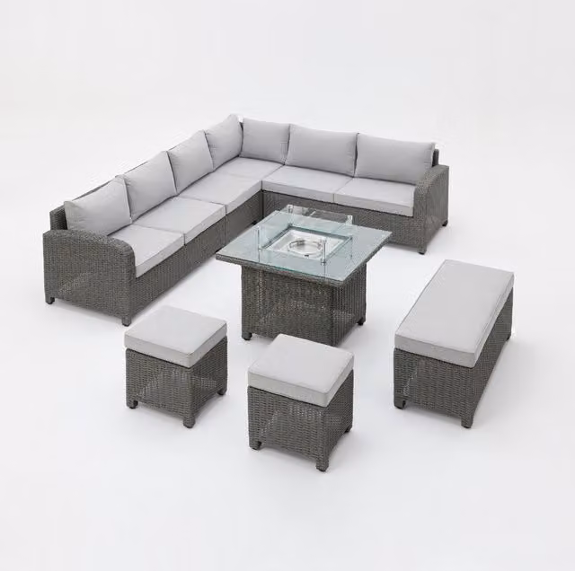 Segrada 6-Piece L-Shaped Rattan Garden Furniture Set in Dark Grey with Firepit Table