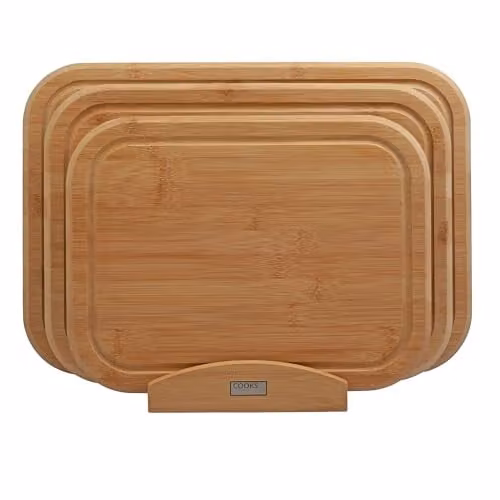 Cooks Professional 3 Piece Bamboo Chopping Board Set with Storage Stand in Brown – 1