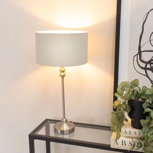ValueLights Maggie Brushed Chrome Candlestick Slim Table Lamp with Grey Fabric Drum Shade – 2