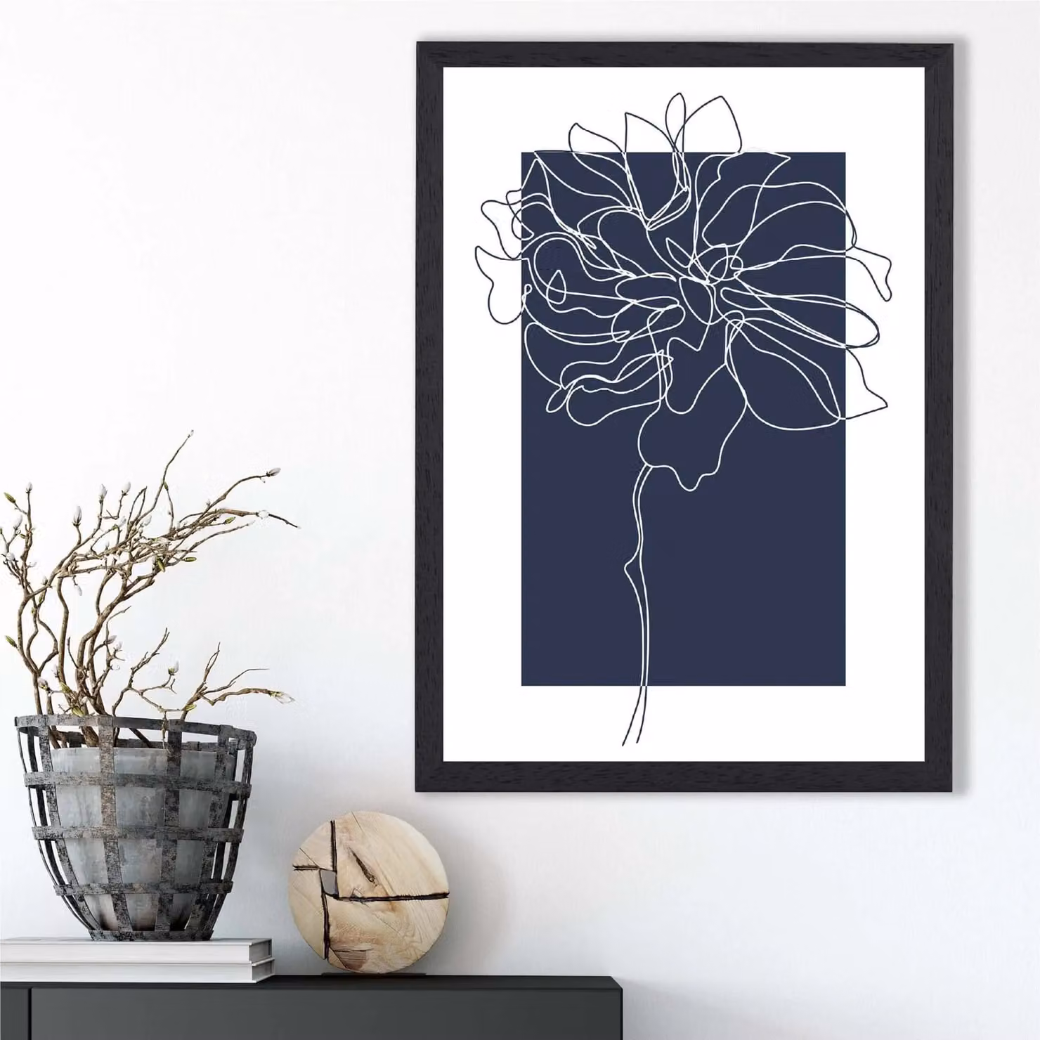 ARTZE Navy Blue and White Abstract Floral Line Art Framed Print with Black Frame, A4 – 2