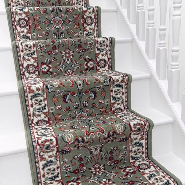 runrug Traditional Stair Runner Carpet in Green, W: 60 cm, L: 480 cm