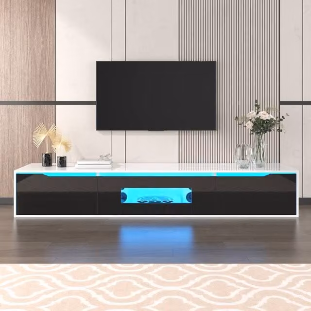 ModernLuxe High-gloss Black TV Cabinet with Door and Colour-changing LED Lights, W: 180 cm, H: 35 cm, D: 35 cm – 1