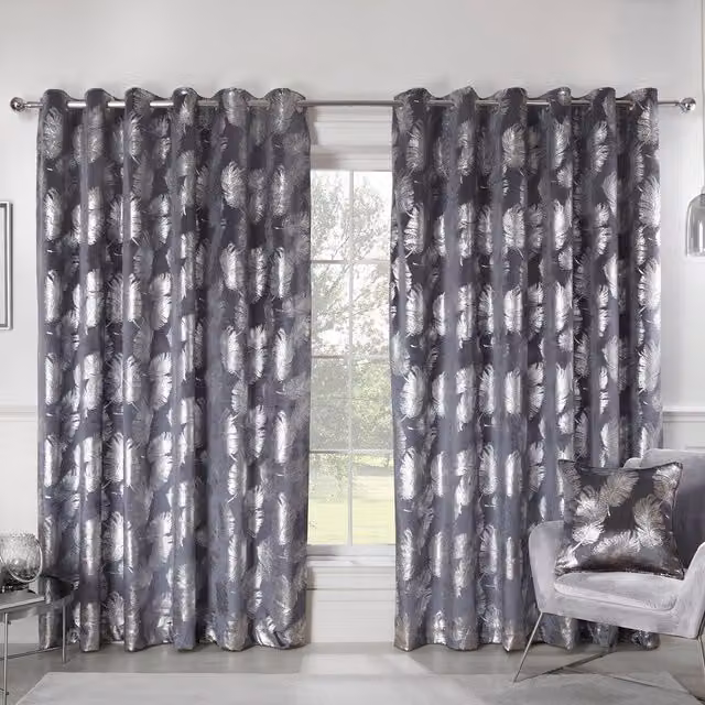 Divante Plume Metallic Feather Velvet Fabric Curtains in Anthracite Grey, W: 168 cm, H: 183 cm
