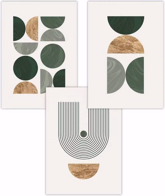 ARTZE Set of 3 Mid Century Geometric Abstract Art Posters in Green and Gold, W: 59 cm, H: 84 cm