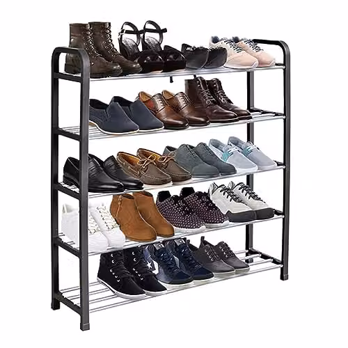 AMOS 5-Tier Shoe Rack Storage Organiser in Black, Metal and Plastic, Holds Up to 20 Pairs, W/D/H: 76 x 70 x 19 cm – 1