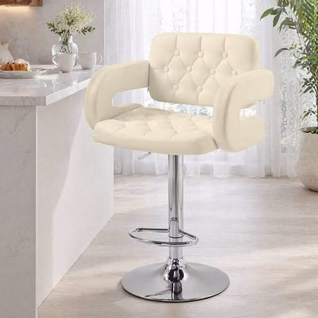 STILVORA Adjustable Height Bar Stool with Armrests in Beige Synthetic Leather