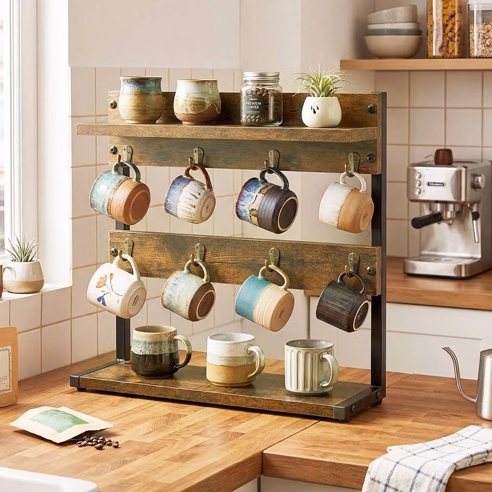Levede Freestanding Mug Holder Stand with Shelf and 8 Hooks, Brown – 3