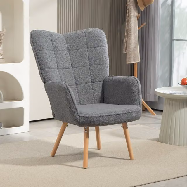 HOMCOM Modern Grey Bouclé and Velvet Wingback Tub Armchair with Wood Legs