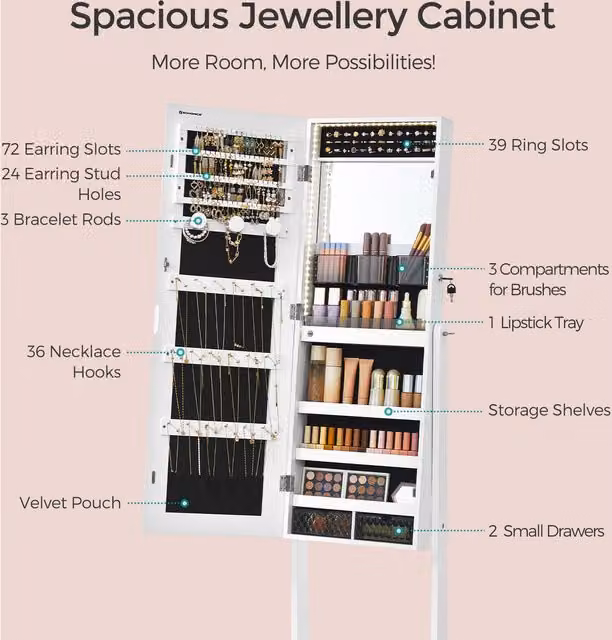 SONGMICS Standing Armoire Organiser in White with Mirror, LED Lighting and Internal Drawers
