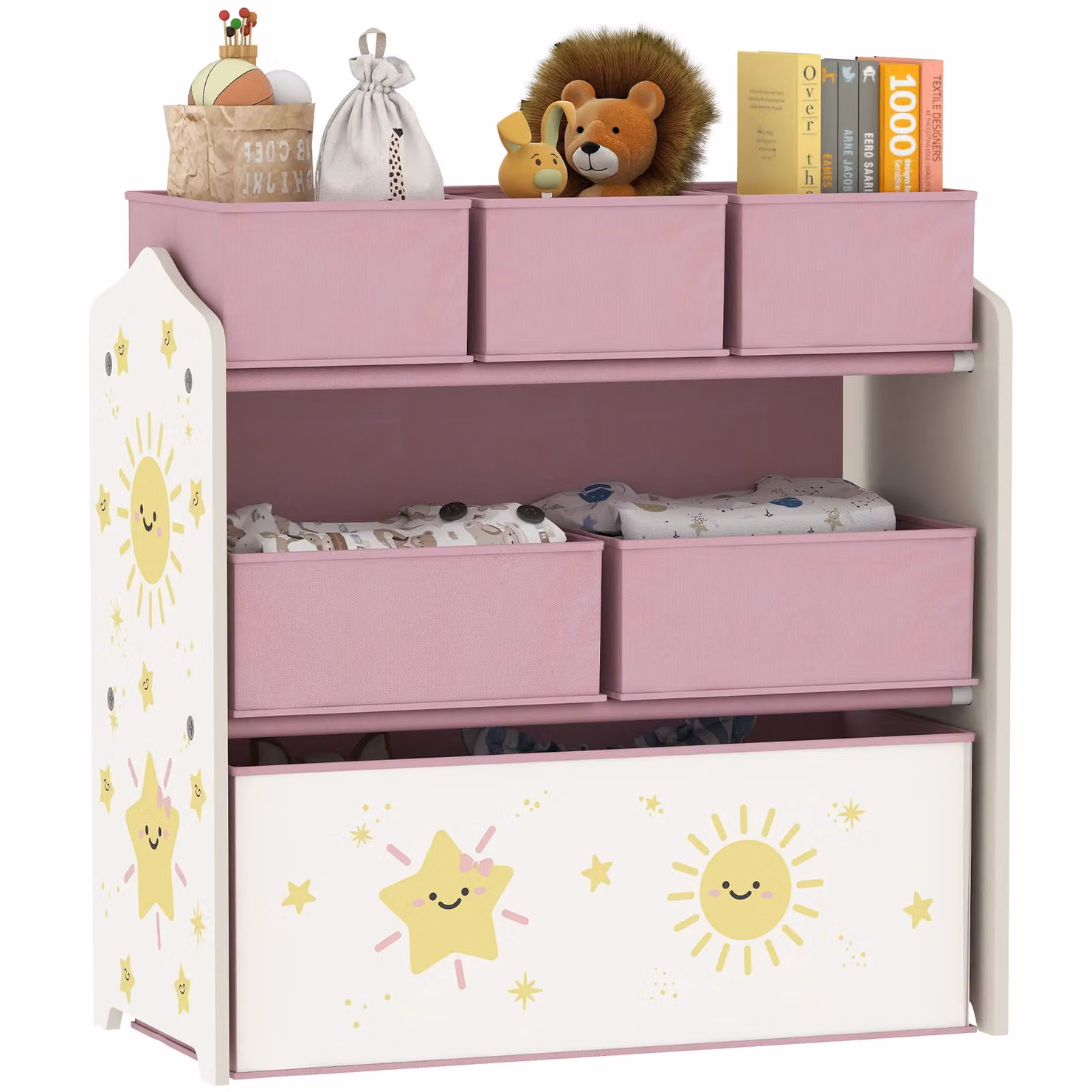 AIYAPLAY 3-Tier Kids Storage Shelf with 6 Removable Fabric Boxes in Pink – 2