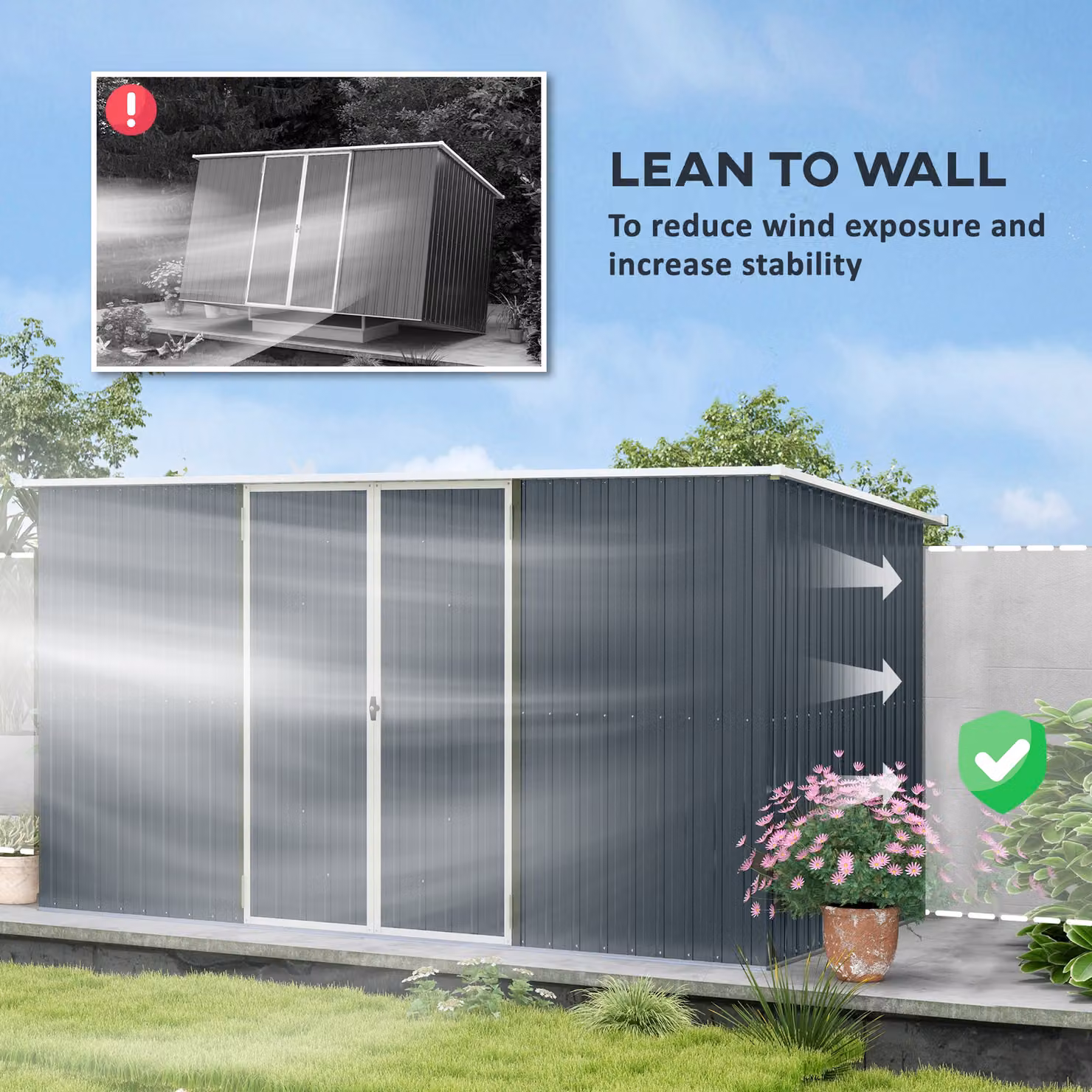 Outsunny Grey Galvanised Steel Pent Garden Storage Shed with Lockable Doors – 5