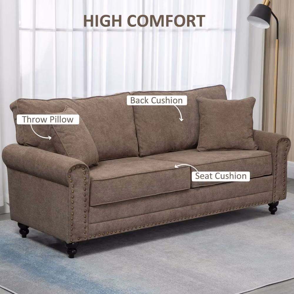 Wyld Haus Soleka 3 Seater Fabric Sofa in Brown with Rubberwood Legs and Nailhead Trim – 3