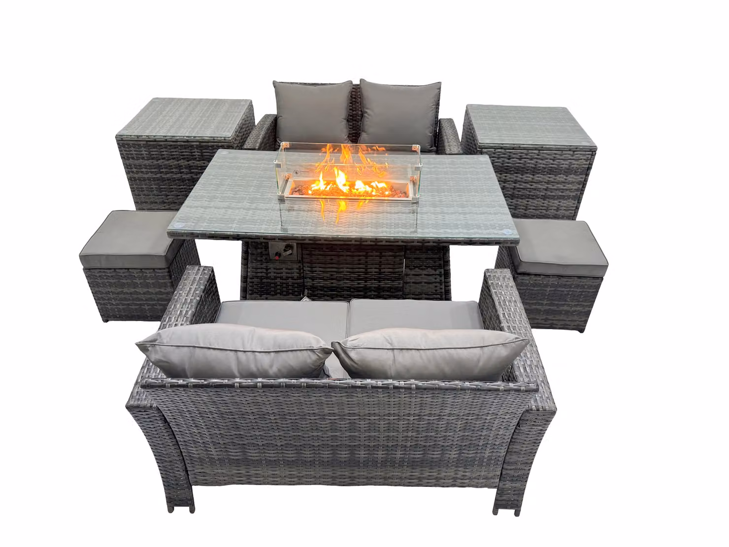 Fimous Outdoor Love Sofa Set with 6 Seats, Gas Firepit Dining Table and 2 Side Tables in Dark Grey – 2