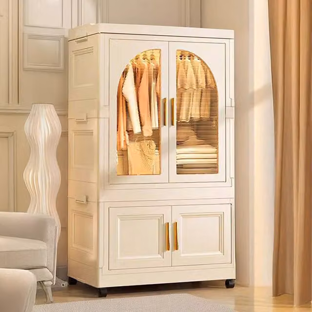 Living and Home 2 Tier Folding Wardrobe Storage Bins with Hinged Doors in Cream