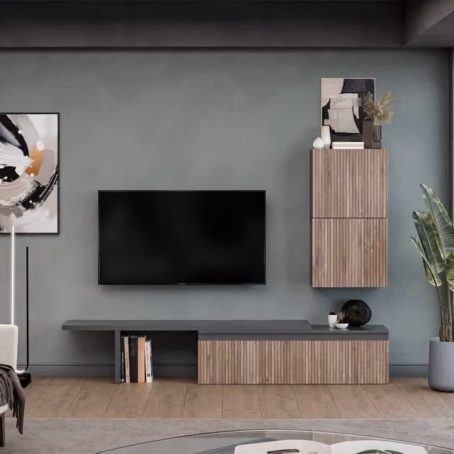 Decorotika Bezier Wall Mounted Entertainment Center in Black with Geometric Alina Pattern