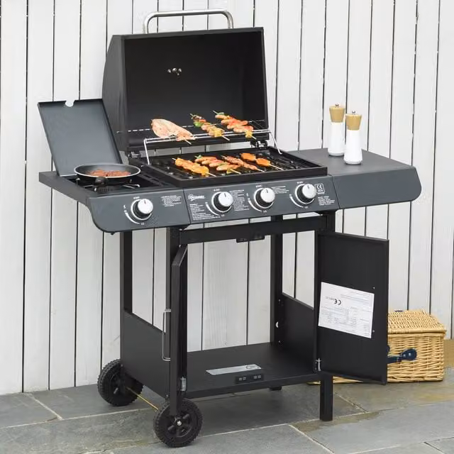 OUTSUNNY Gas Barbecue Grill with 3+1 Burners, Side Burner and Thermometer, Black