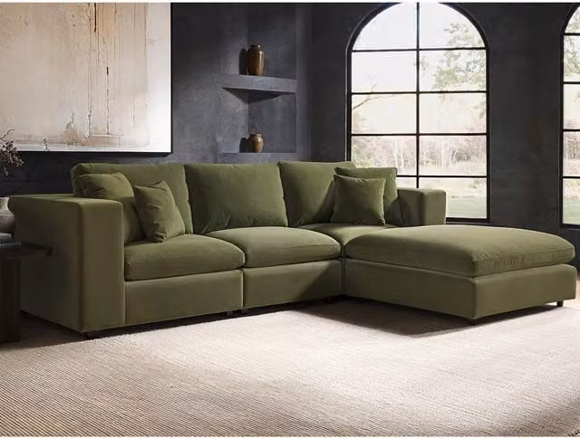 SolaceCo Asher 4 Seater L-Shape Velvet Sofa with Matching Ottoman in Khaki Green