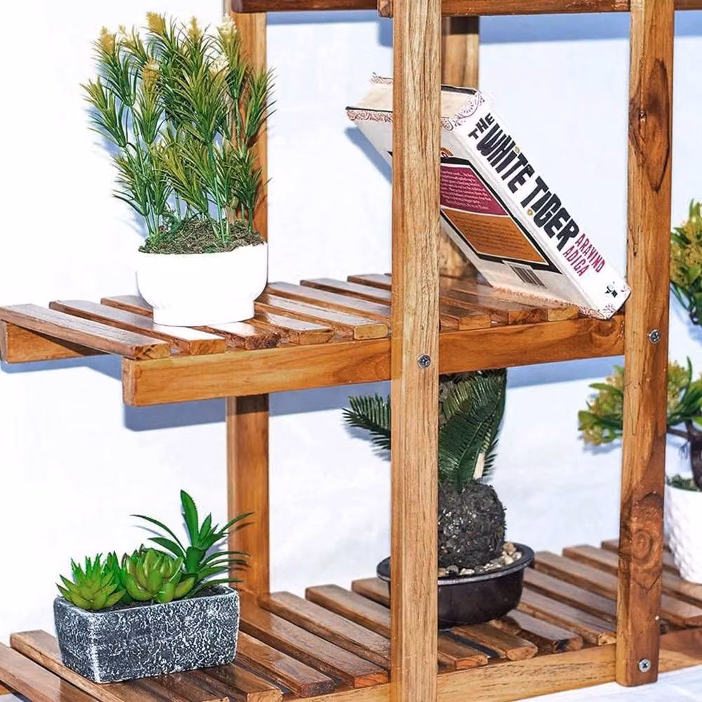 KORVIXA 5 Tier Rustic Brown Wooden Plant Shelf Rack and Flower Pot Holder – 5