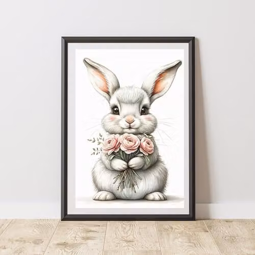 60 Second Makeover Rabbit With Bunch Of Flowers Multicolour Illustration Wall Art Poster, A4