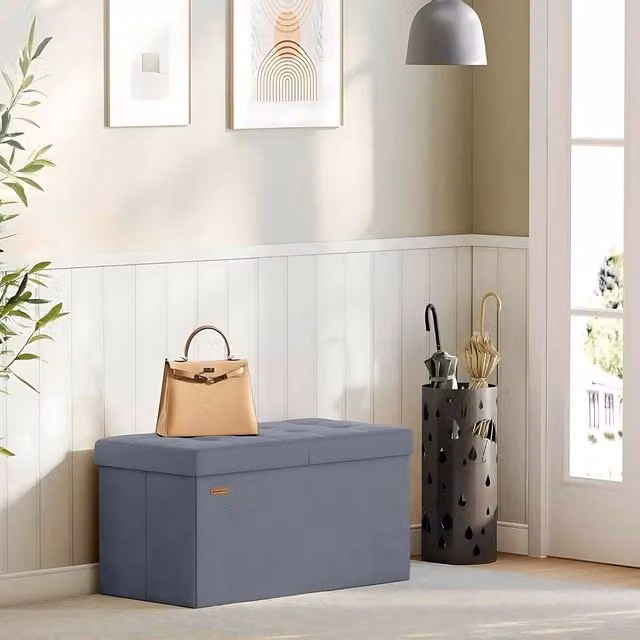 The Bazaarist Foldable Velvet Storage Ottoman Bench with Flip Lid, Slate Grey, W/D/H: 38 x 38 x 38 cm