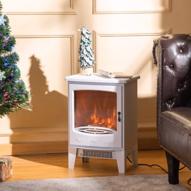 HOMCOM Electric Fireplace Stove Heater with Realistic Flame Effect in White