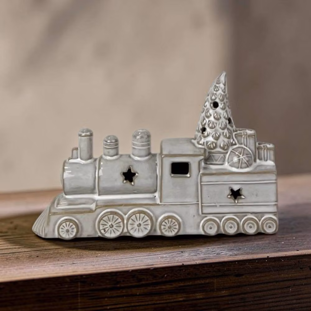 Four Candle Glazed Ceramic LED Christmas Train Ornament with Tree Detail in White – 2