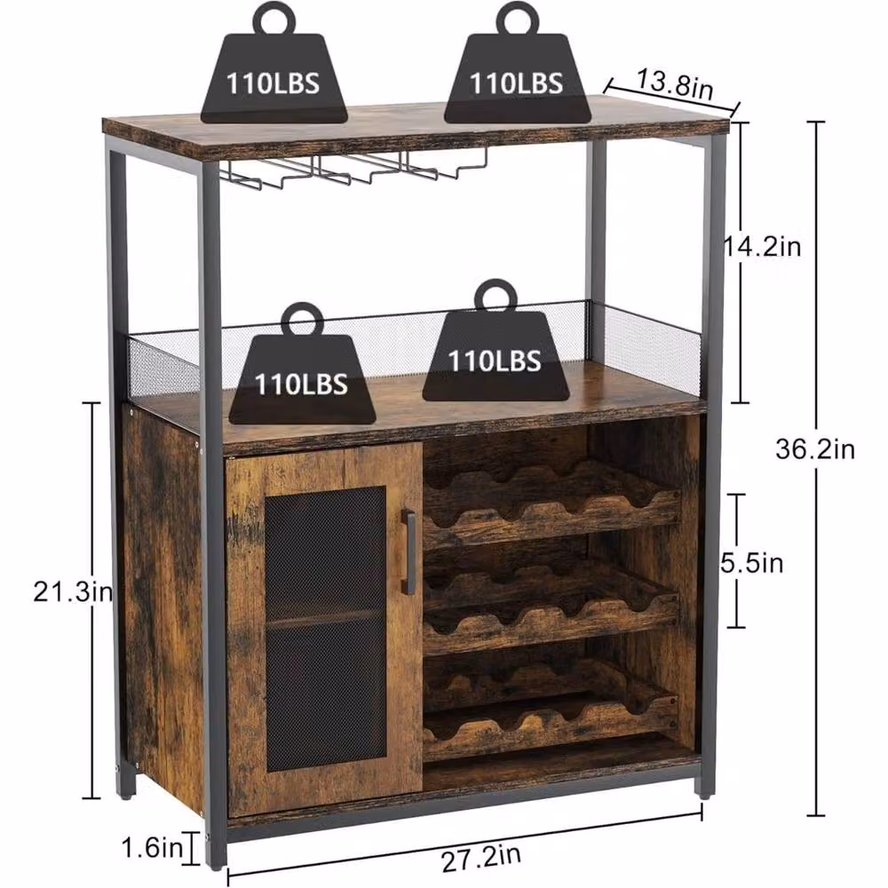 VOGREX Brown Industrial Wine Bar Rack Cabinet with Detachable Storage and Glass Holder – 2