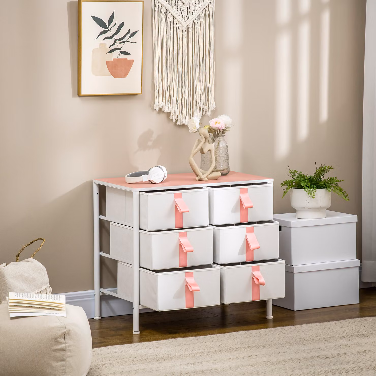 HOMCOM Pink Storage Chest with 6 Fabric Drawers and Wooden Top Metal Frame Dresser for Bedroom or Nursery – 2