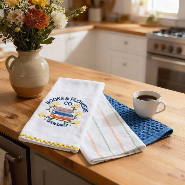 Kitchen Trends Highly Absorbent 3 Pack Tea Towel Set in White and Blue with Books and Flower Patterns