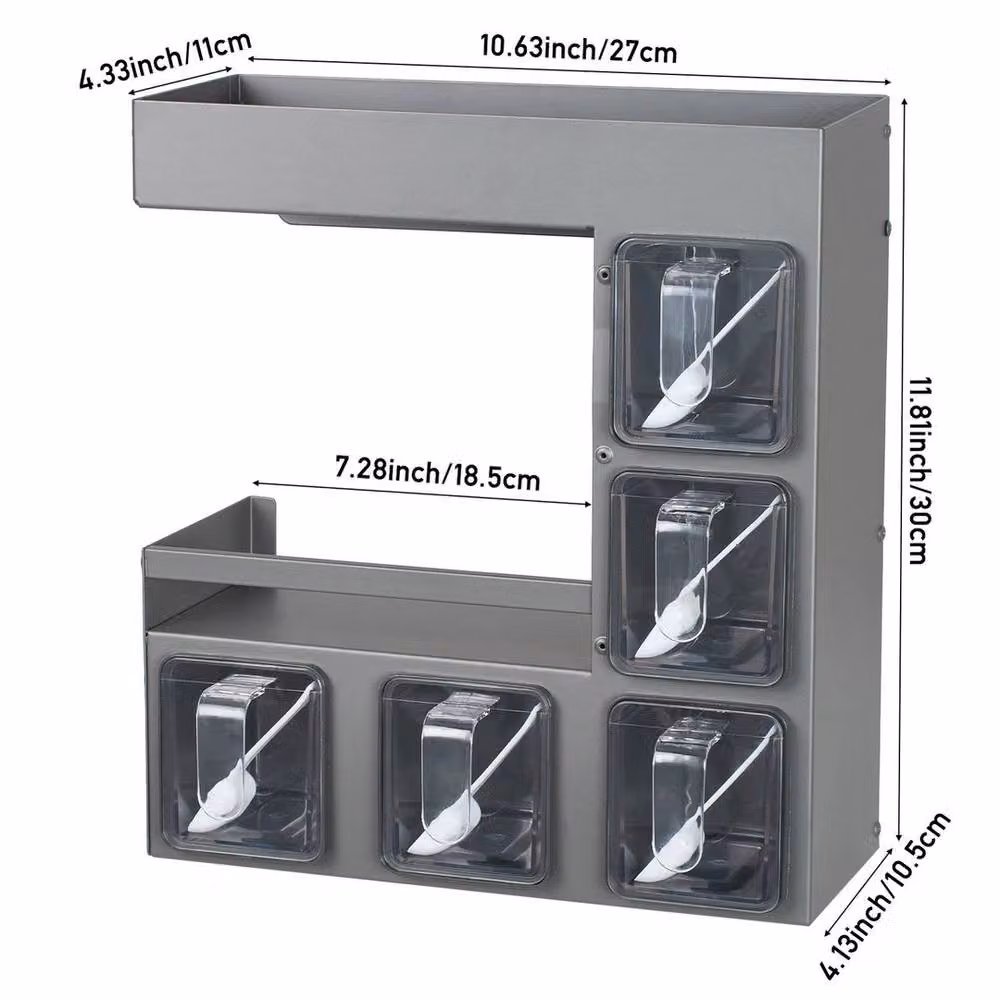 PAWNORA Grey Wall Mounted 3 Tier Seasoning and Spice Box with 5 Jars – 2
