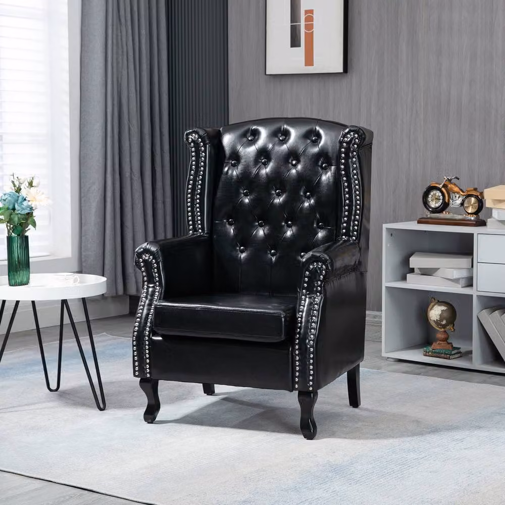STILVORA Chesterfield Armchair with Black Faux Leather and Solid Wood Frame – 3