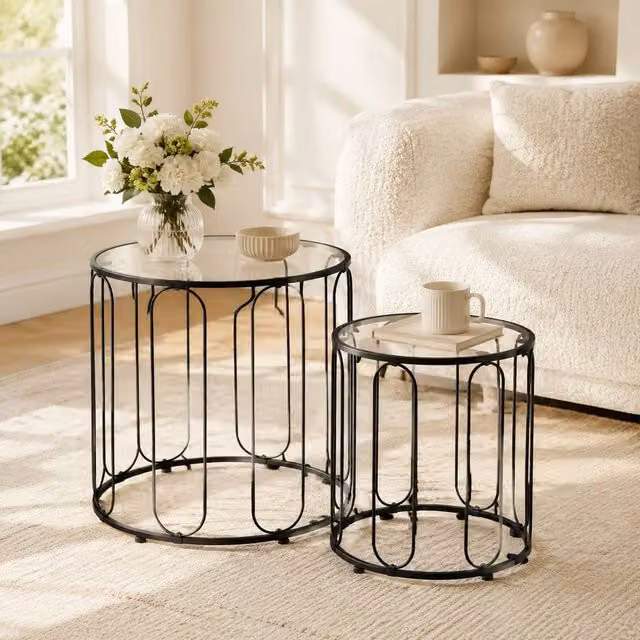 STILVORA Set of 2 Modern Round Black Glossy Glass Nesting Coffee Tables