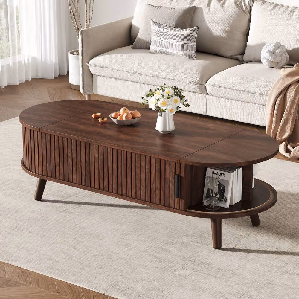 ModernLuxe Oval Lift Top Coffee Table with Hidden Storage in Brown Walnut – 2