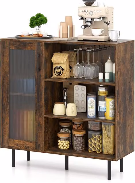 COSTWAY Industrial Brown Wood Coffee Bar Cabinet Sideboard
