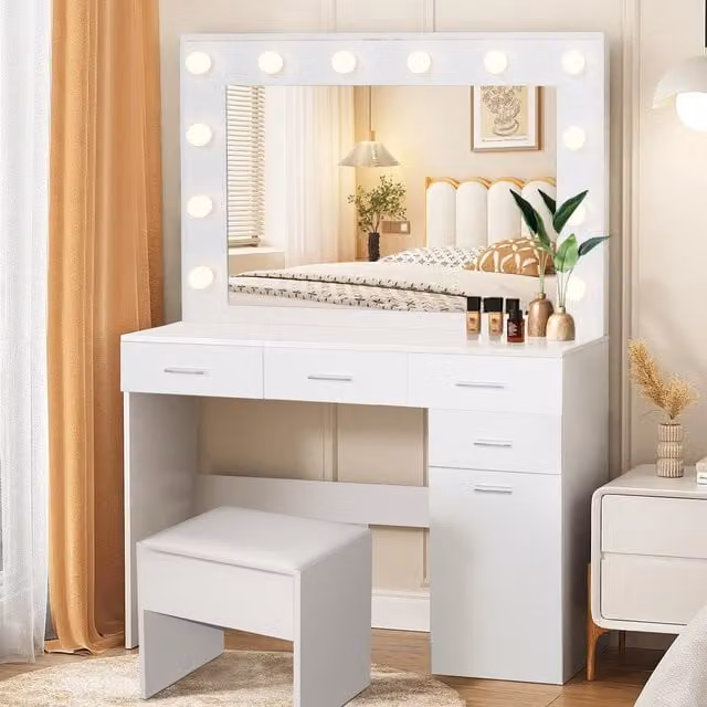 Comfy Living Modern White Vanity Dressing Table with LED Hollywood Mirror, 4 Drawers and Storage Cabinet