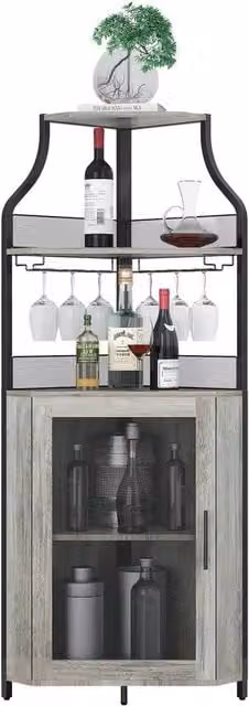 VOGREX Corner Wine Bar Cabinet with Drawer and Storage Shelves in Black and Multicolour, H 152.4 cm x W 47.0 cm x D 46.99 cm – 1