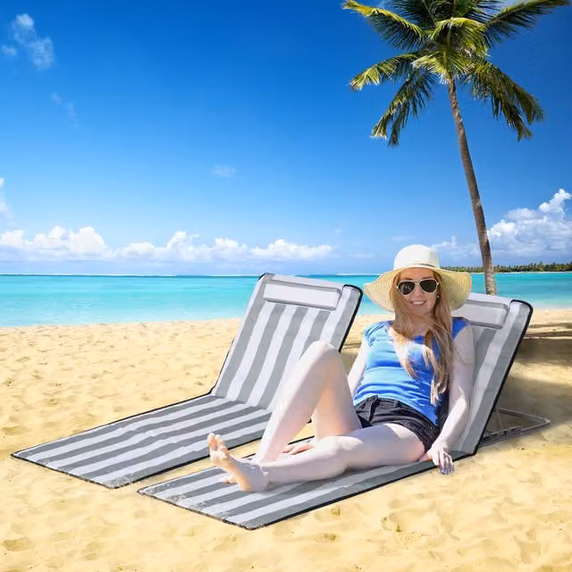 Outsunny Set of 2 Beach Mat Seats in Light Grey with Powder Coated Steel and Fabric
