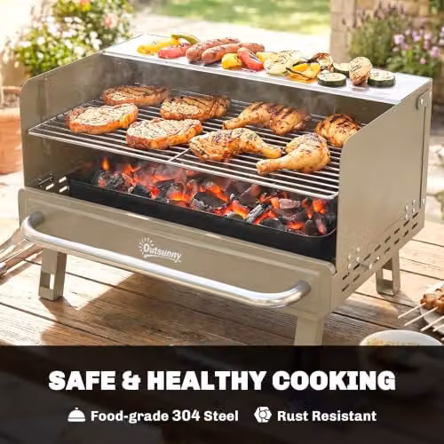 Outsunny Portable Charcoal Tabletop BBQ Grill with Warming Rack and Stainless Steel Grates, Beige – 5