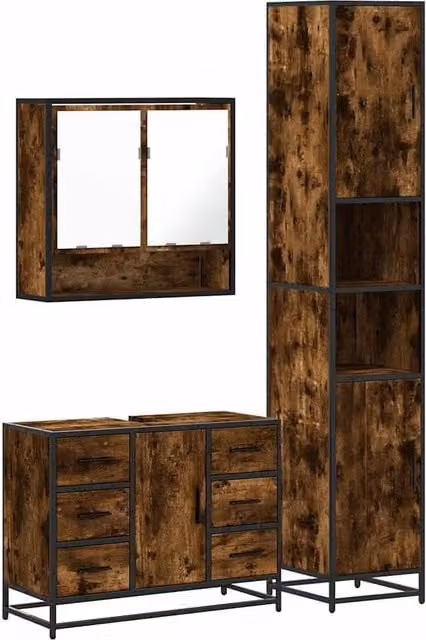 Berkfield Home 3 Piece Industrial Bathroom Furniture Set in Brown Smoked Oak