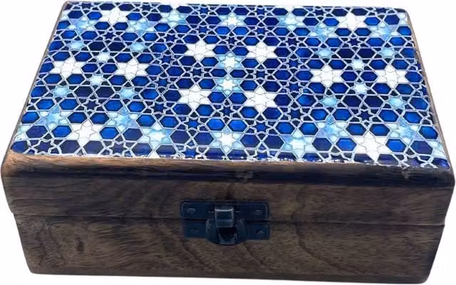 KDMD Blue Stars Ceramic and Wood Jewelry and Keepsake Storage Box with Lid, W/D/H: 15 x 10 x 6 cm