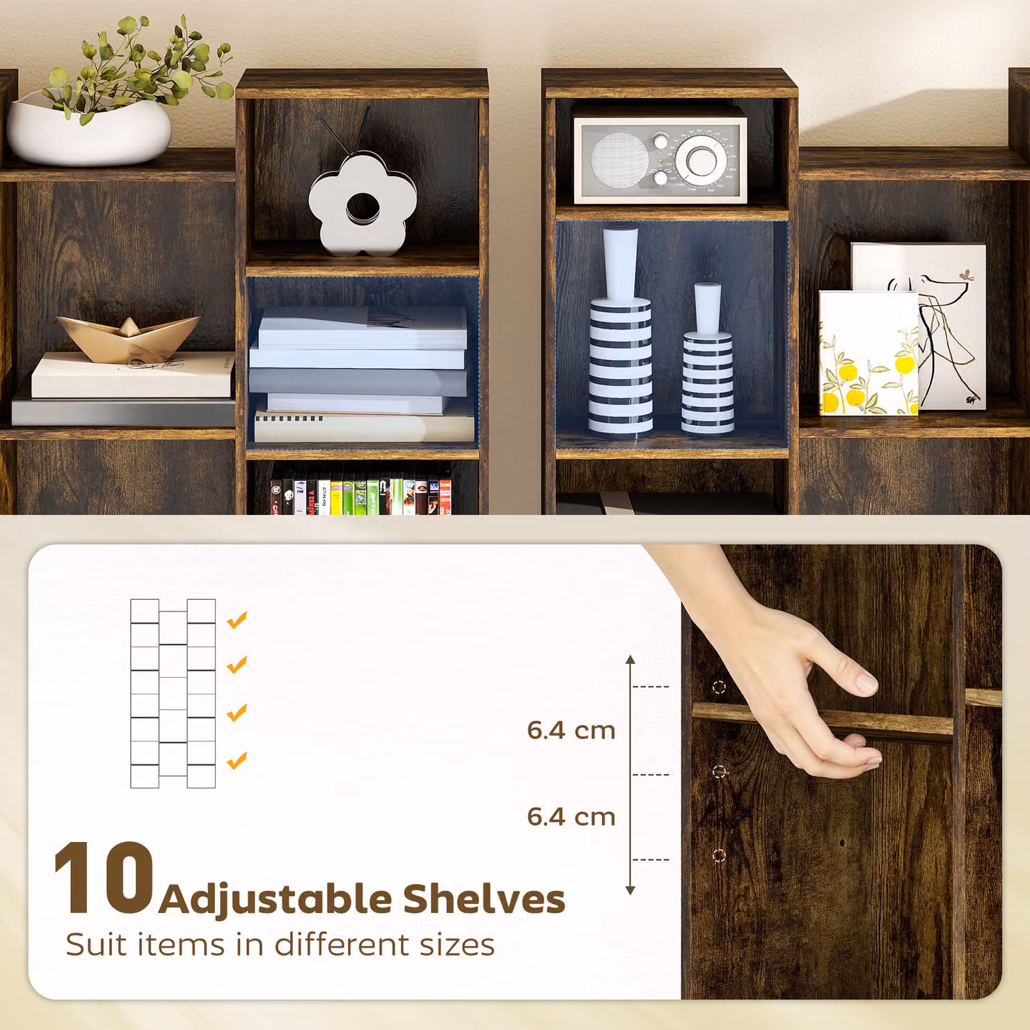 HOMCOM 21-Compartment Modern Brown Wood Cube Bookshelf with Adjustable Shelves and Back Panel – 5