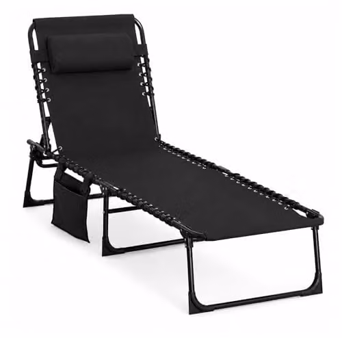 SHATCHI Black Folding Sun Lounger with 5-Position Adjustable Headrest and Textilene Fabric, W/D/H: 185 x 120 x 58 cm – 1