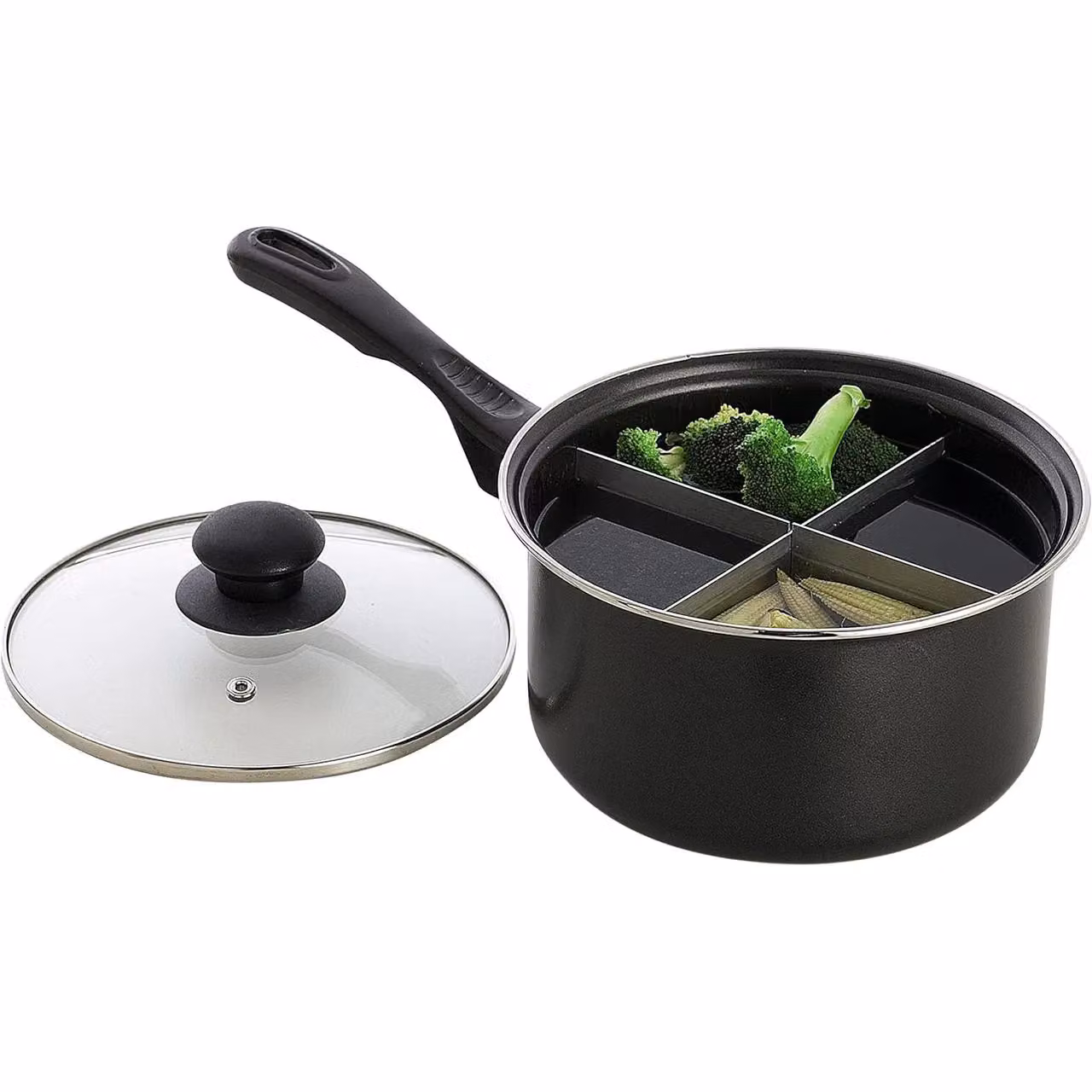 mysmartbuy 4-Way Divided Black Carbon Steel Saucepan with Removable Divider and Enamel Coating, Diameter: 20 cm – 2