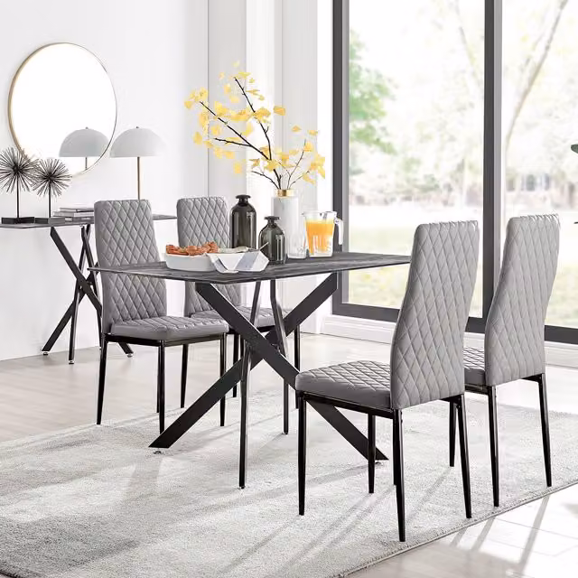 FurnitureboxUK Leonardo Grey Glass Marble Effect Dining Table and 4 Milan Black Leg Chairs Set