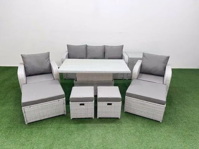 Fimous 9 Piece High Back Reclining Chair Sofa and Rising Table Dining Set in Light Grey