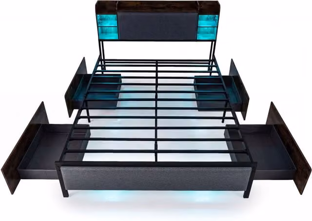 COSTWAY Industrial Upholstered Platform Bed with Drawers, USB Charging Port and Under-Bed Lighting in Brown and Grey Fabric