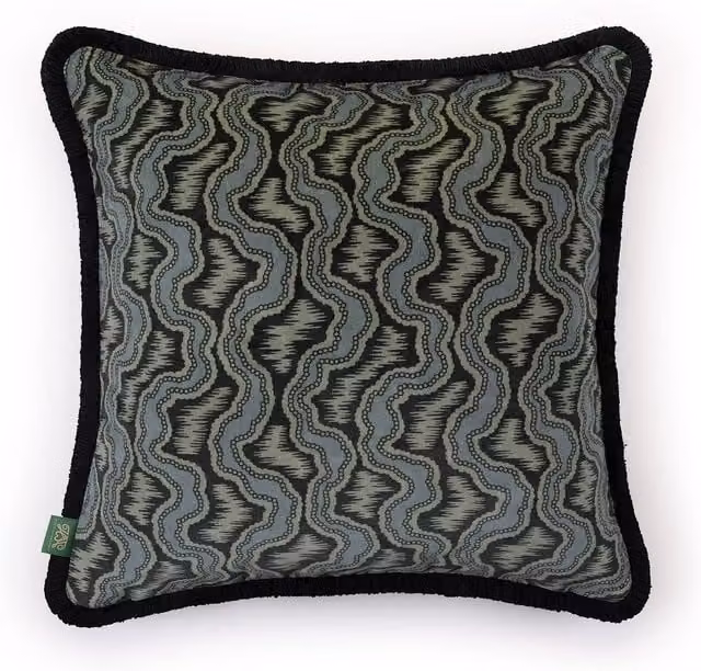 House of Hackney XYLEM Velvet Medium Fringed Cushion in Apatite Blue and Black, W/D/H: 45 x 45 x 45 cm