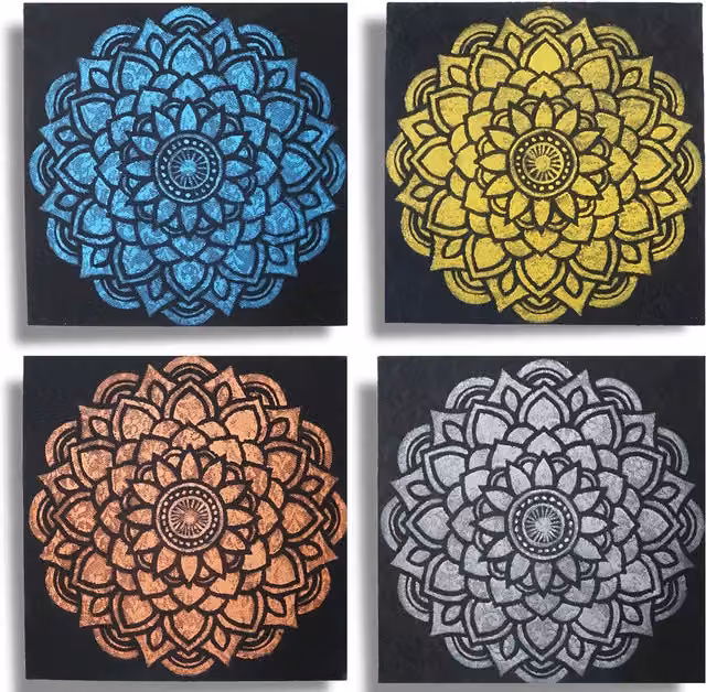 KDMD Set of 4 Multicolour Mandala Brocade Ethnic Canvas Wall Paintings, W/H: 30 x 30 cm